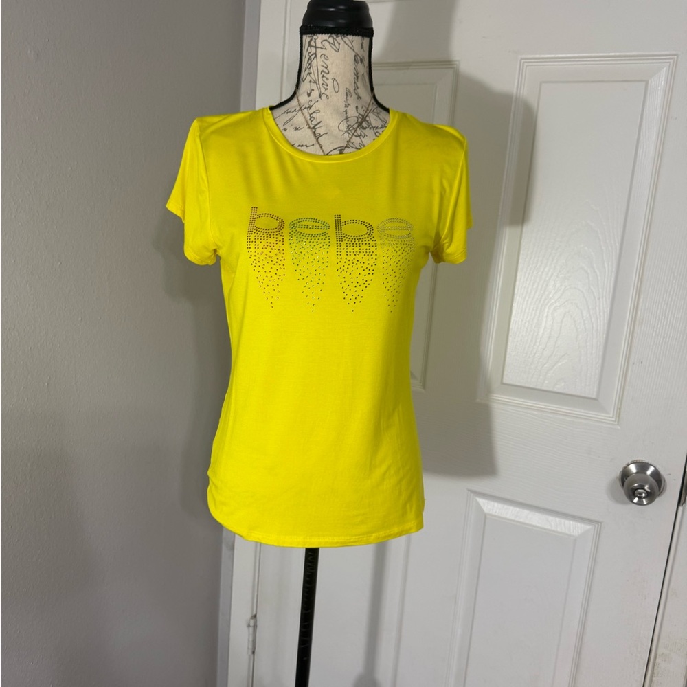 bebe Bright Yellow Short Sleeve Rhinestone Logo Tee